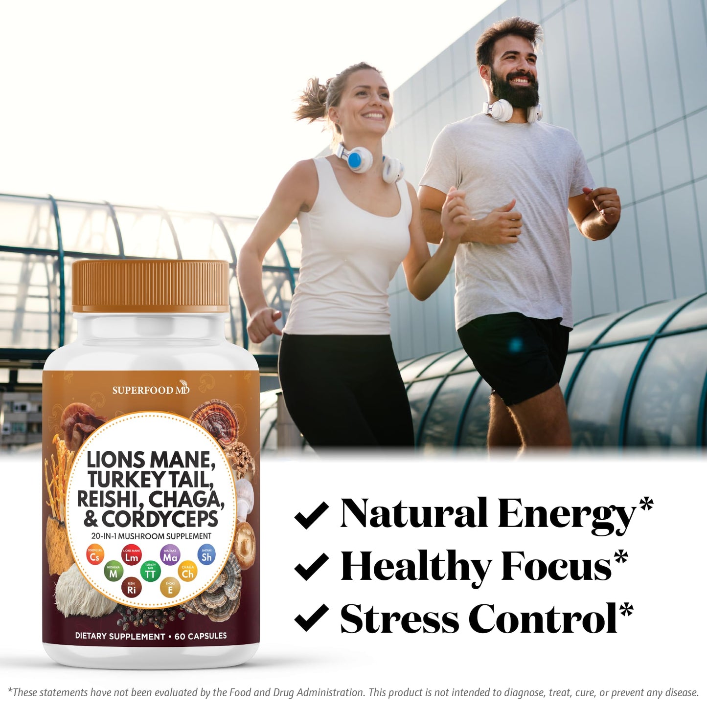 Superfood MD Lions Mane Mushroom Supplement with Turkey Tail Reishi Cordyceps Chaga with Marshmallow Root - 120 Count