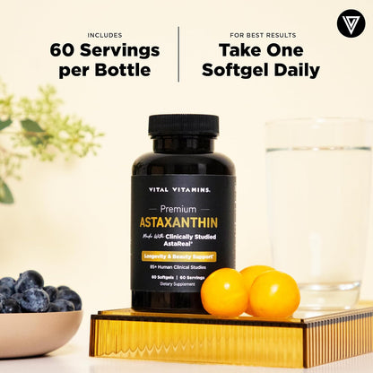 Vital Vitamins Astaxanthin 12mg Softgels for Skin Hydration & Elasticity | Natural Astaxanthin from Microalgae, Antioxidant Protection for Skin, Eyes & Exercise Recovery, Vegan, 60 Softgels