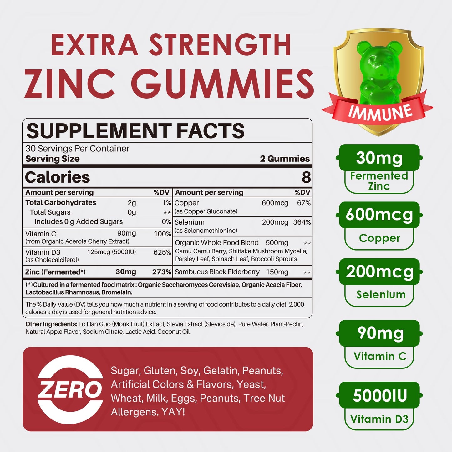 Zinc Gummies + Copper, Selenium, Vitamin C & D3, Fermented Zinc Supplements for Women & Men with Elderberry, Daily Immune Gummies, Powerful Antioxidant, Superior Absorption, Vegan, Sugar Free, 2 Pack