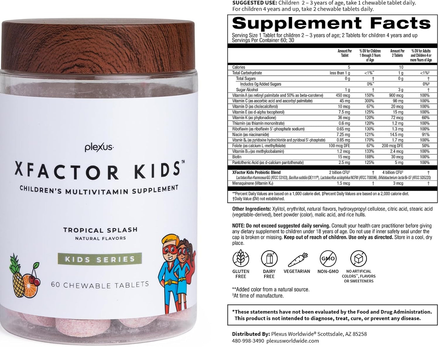 Plexus® Xfactor Kids™ 60 Chewable Tablets | Chewable multivitamin + probiotic for kids with 13 essential vitamins, 4 billion CFUs, supports growth and immune health