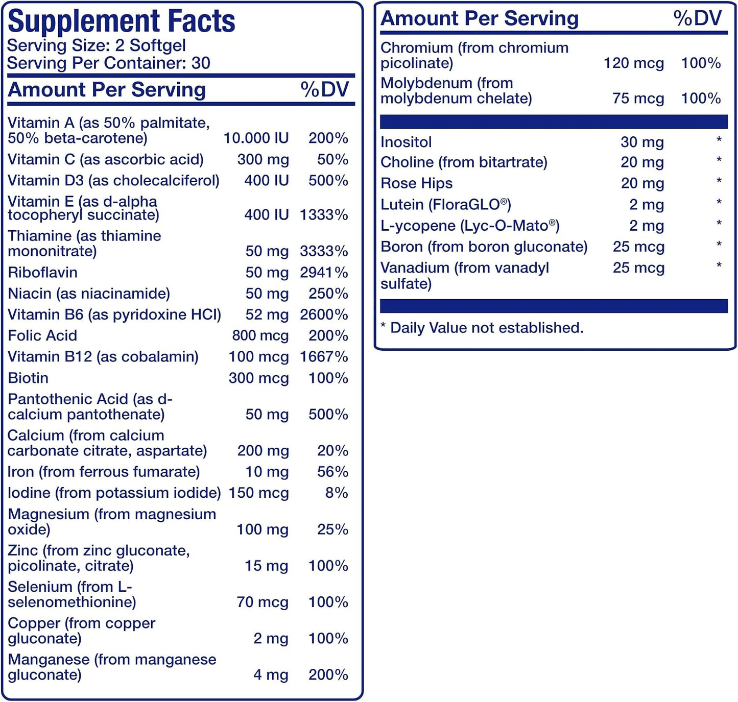 30-in-1 Adult Multivitamin with Iron - Antioxidant Rich Over 50 Multivitamin for Women and Men with Vitamins A C D E B Complex Zinc Magnesium Myo Inositol Lutein Lycopene & More - 1 Month Supply