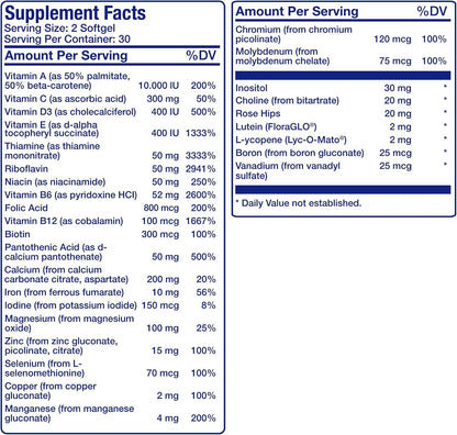 30-in-1 Adult Multivitamin with Iron - Antioxidant Rich Over 50 Multivitamin for Women and Men with Vitamins A C D E B Complex Zinc Magnesium Myo Inositol Lutein Lycopene & More - 1 Month Supply