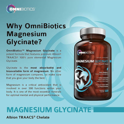 OmniBiotics Magnesium Glycinate Supplement – with 100% Pure Albion TRAACS Bisglycinate Chelate for Sleep, Muscle, Nerve & Heart Health – 120 Vegan Capsules
