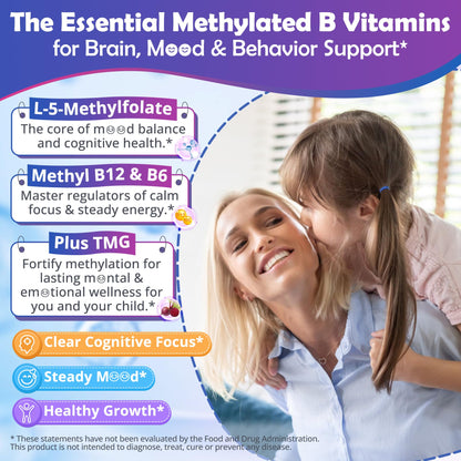 L-Methylfolate 1000 mcg + Methyl B12 Gummies for Kids & Adults - Active 5-MTHF, w/Omega-3 DHA & EPA(3:1), Choline & TMG, B6, Supports MTHFR Gene, Brain, Energy & Methylation, Sugar free, 60 Cts