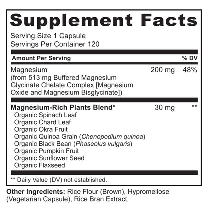 NATURELO Magnesium Glycinate Chelate Complex - 200 mg Magnesium with Organic Vegetables to Support Sleep, Calm, Muscle Cramp & Stress Relief - Gluten Free, Non GMO - 120 Capsules