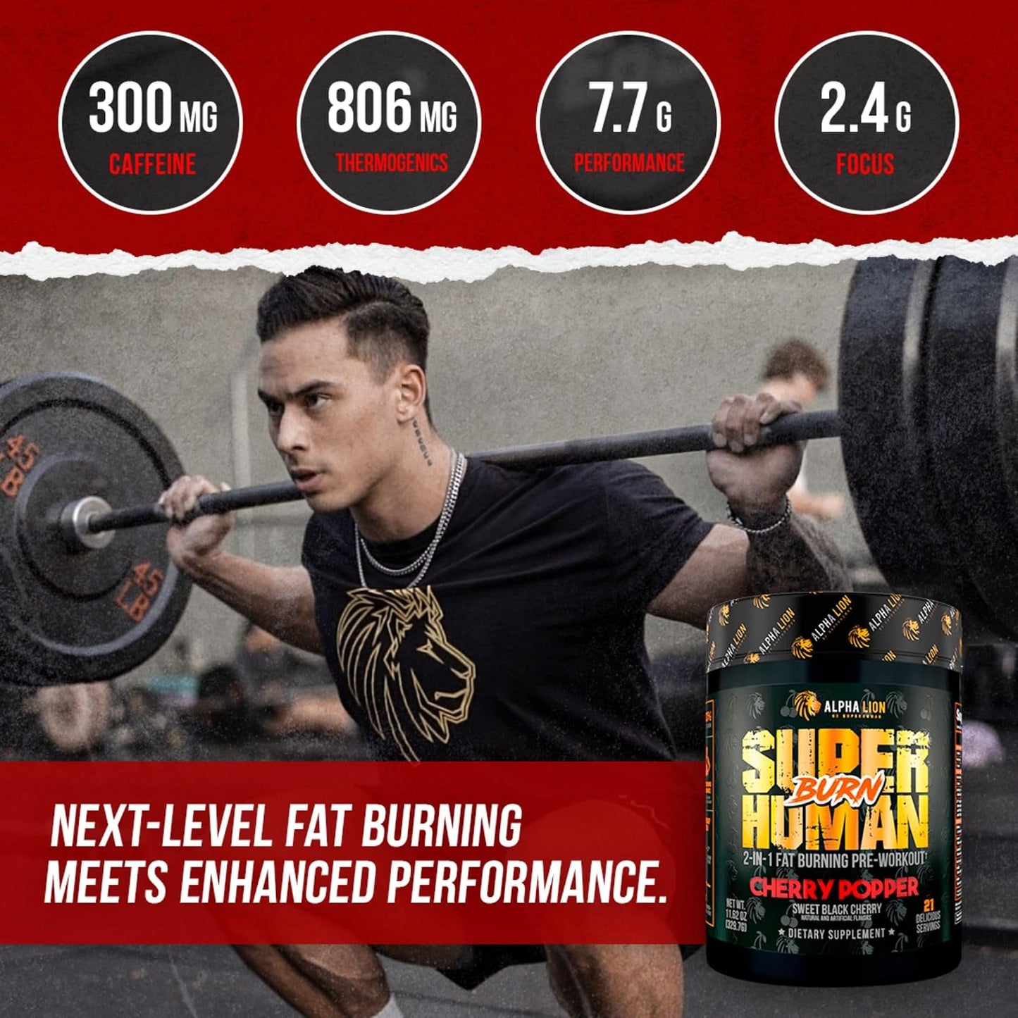 ALPHA LION Superhuman Burn – 2 in 1 Metabolism Booster Pre Workout and Thermogenic Fat Burner for Men – Appetite Suppressant and Weight Loss Supplement (21 Servings, Sweet Black Cherry Flavor)
