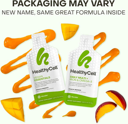 Healthycell Vegan Daily Multivitamin with Iron & Omega-3 Liquid Supplement | 25+ Essential Vitamins, Minerals & Nutrients for Brain & Heart Health, Immune Support & Energy - 30 Gel Packs, Peach Mango