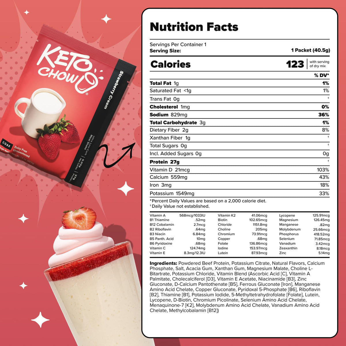 Keto Chow Chocolate CORE with Stevia Meal Replacement Shake Powder, 1 Meal