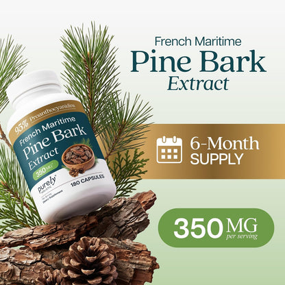 French Maritime Pine Bark Extract Capsules, 95% Proanthocyanidins, Vegan | 6 Month Supply, Cardiovascular & Antioxidant Support, High-Strength Pine Bark Extract 350mg, Vegan & Non-GMO, 180 Capsules