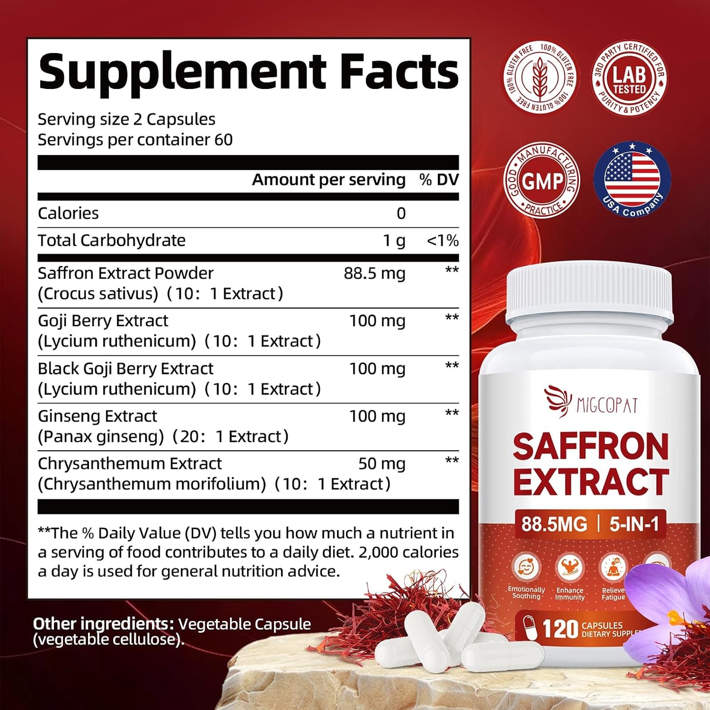 Migcopat Happy Saffron Supplement 2 Pack, 5 in 1 Saffron Capsules with Ginseng, Goji Berry & Chrysanthemum – Supports Memory, Focus, Mood, Energy, Emotional Balance & Eye Health