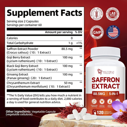 Migcopat Happy Saffron Supplement 2 Pack, 5 in 1 Saffron Capsules with Ginseng, Goji Berry & Chrysanthemum – Supports Memory, Focus, Mood, Energy, Emotional Balance & Eye Health