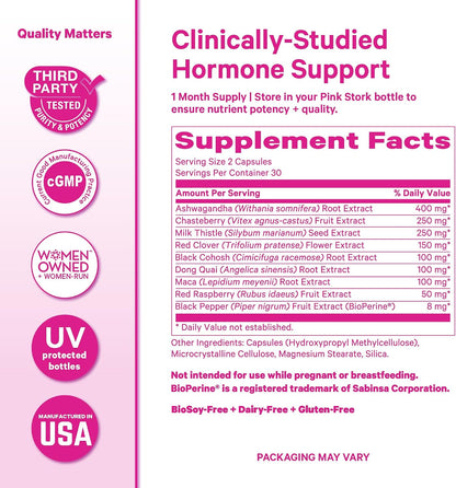 Pink Stork Menopause Support for Women - Hot Flash, Mood, Sleep, Weight, Cortisol & Hormonal Balance - Vegan, Estrogen-Free Perimenopause Relief - Ashwagandha, Maca - 60 Capsules