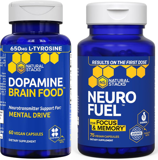 NATURAL STACKS NeuroFuel Nootropic + Dopamine Brain Food Bundle - Supports Mental Drive & Focus* - 135 Total Capsules