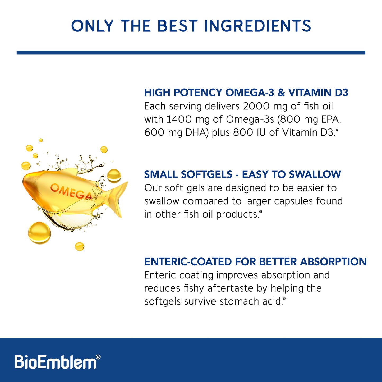 BioEmblem Omega-3 Fish Oil 2000mg Per Serving - Small Size Softgels, High Absorption Form, Sustainable - EPA &DHA Plus Vitamin D3, Non-GMO, Heart, Joint, & Brain Health Fish Oil Supplement, 360 Ct