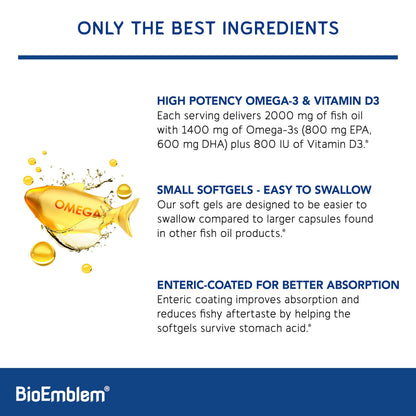 BioEmblem Omega-3 Fish Oil 2000mg Per Serving - Small Size Softgels, High Absorption Form, Sustainable - EPA &DHA Plus Vitamin D3, Non-GMO, Heart, Joint, & Brain Health Fish Oil Supplement, 360 Ct