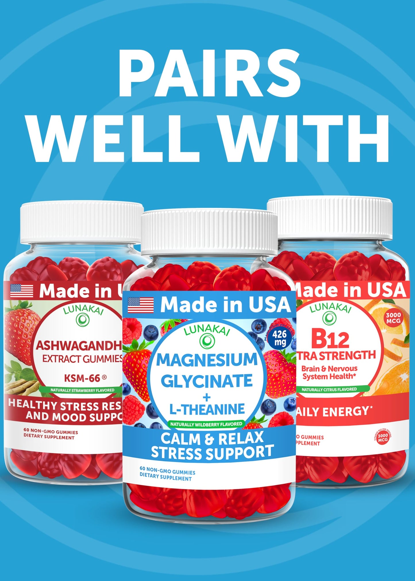 Lunakai USA Made Calm & Stress Relief Gummies – Delicious GABA + L-Theanine Calming Supplement for Adults & Kids – Natural Stress Support, 60ct