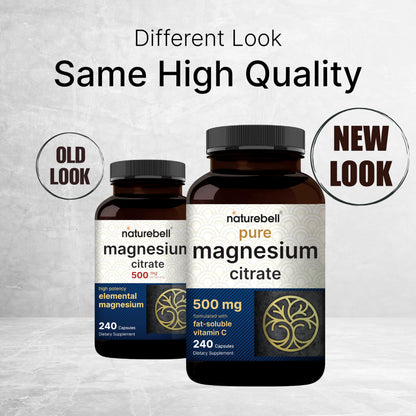 NatureBell Pure Magnesium Citrate 500mg per 3 Capsules Serving Size, 240 Capsules per Bottle | High-Purity Elemental Form | Non-GMO, Gluten-Free