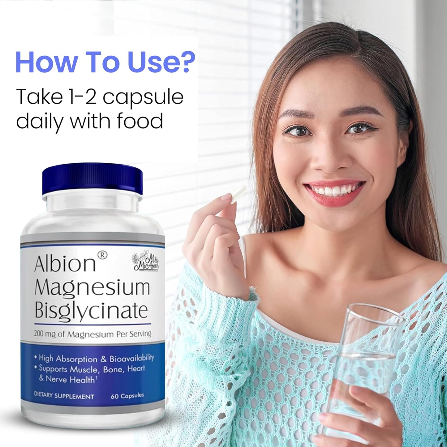 MilaMiAmor Albion® Magnesium Bisglycinate – Highly Absorbable Chelated Magnesium for Muscle, Nerve, Relaxation & Sleep Support – Gentle on Stomach, Vegan – 200mg per Serving, 60 Capsules