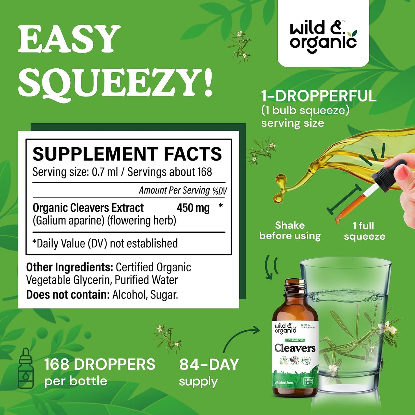 Wild & Organic Cleavers Lymphatic Drainage Drops - Cleavers Herb for Natural Detox Support - Add to Tea Tincture - Galium Aparine Leaf Extract Supplement - Vegan, Sugar & Alcohol-Free - 4 fl oz