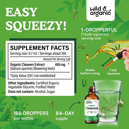 Wild & Organic Cleavers Lymphatic Drainage Drops - Cleavers Herb for Natural Detox Support - Add to Tea Tincture - Galium Aparine Leaf Extract Supplement - Vegan, Sugar & Alcohol-Free - 4 fl oz