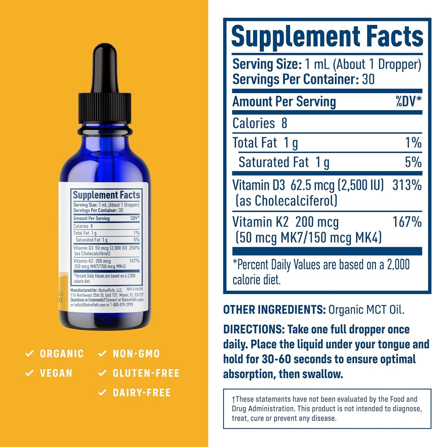 NativePath D3K2 Tincture – 2000IU Vitamin D3 and Vitamin K2 Supplement with Organic MCT Oil – 1 Fluid Ounce – Rapid Bioavailability Multi-Vitamin for Bone Strength and Total Body Wellness, 30 Servings