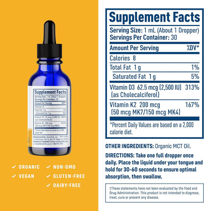 NativePath D3K2 Tincture – 2000IU Vitamin D3 and Vitamin K2 Supplement with Organic MCT Oil – 1 Fluid Ounce – Rapid Bioavailability Multi-Vitamin for Bone Strength and Total Body Wellness, 30 Servings