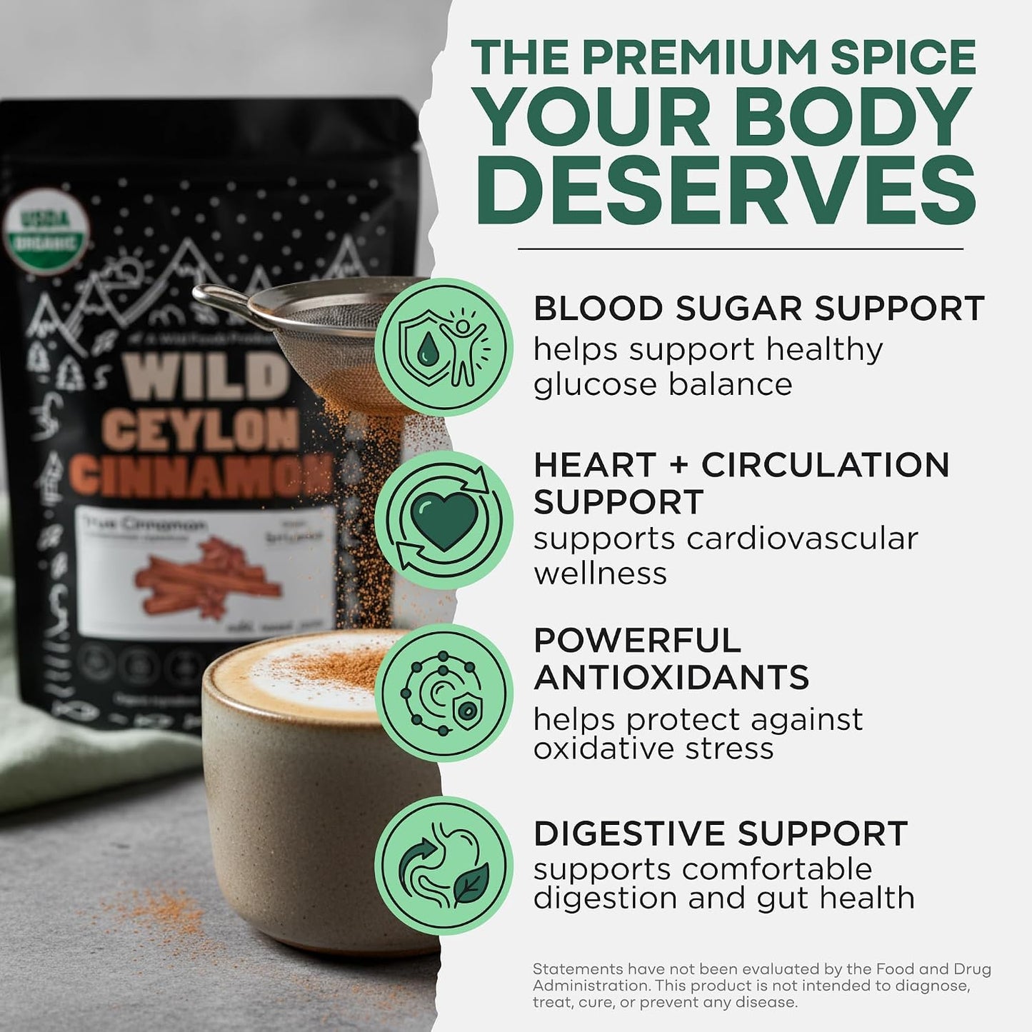 Wild Ceylon Cinnamon Powder - 100% Organic from Sri Lanka - USDA Approved, 16oz Low Coumarin - Aromatic Cinnamon - Ideal for Smoothies, Baking and Coffee - Support Overall Wellness