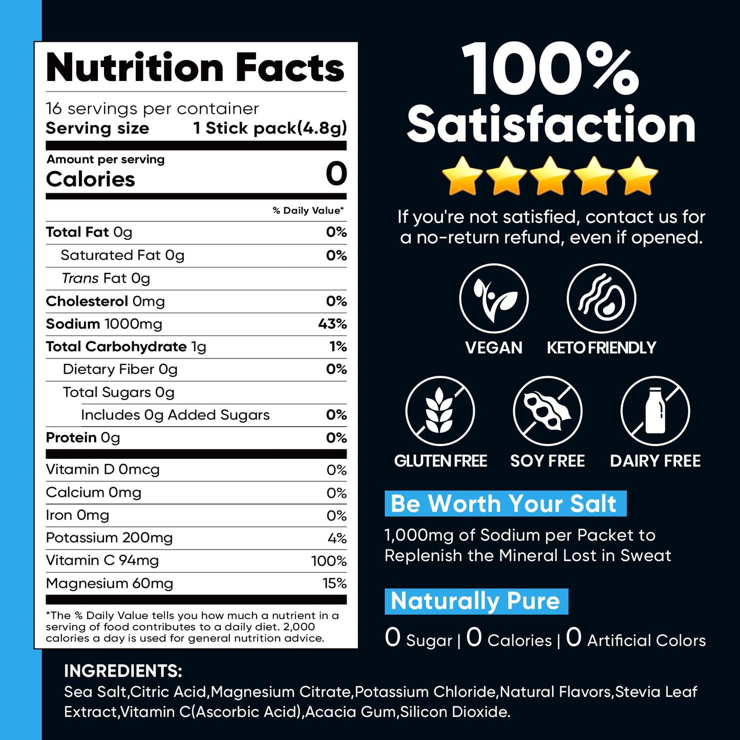 Venture Pal High Sodium Sugar Free Electrolytes Powder Packets, 16 Count | Hydration Packets with Sodium, Magnesium & Potassium, Vitamins, Zero Calories, Vegan, Keto & Paleo Friendly