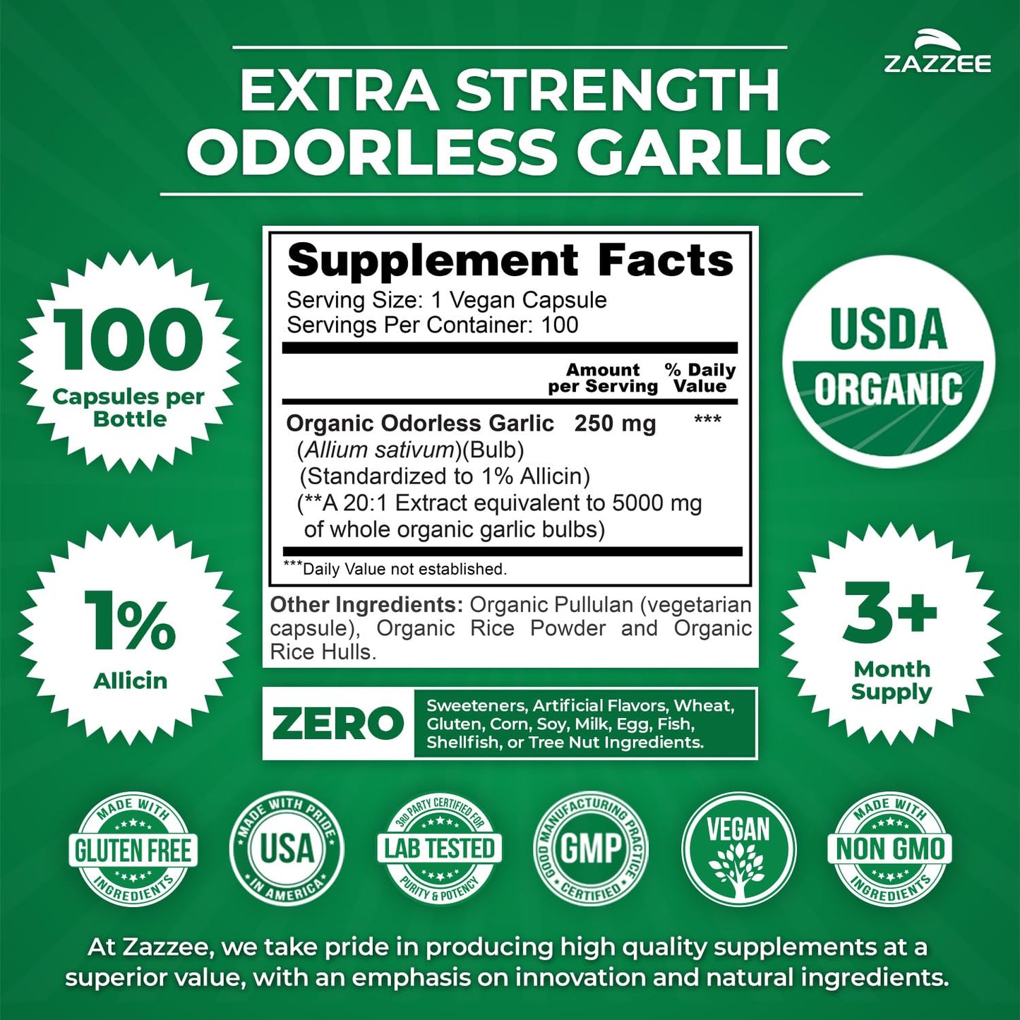 Zazzee USDA Organic Odorless Garlic 20:1 Extract, 1% Allicin, 100 Vegan Capsules, 3+ Month Supply, Allium Sativum, Immune, Circulation & Heart Health Support, All-Natural, Non-GMO, Made in the USA