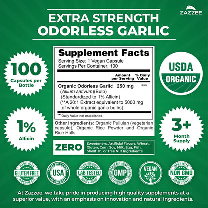 Zazzee USDA Organic Odorless Garlic 20:1 Extract, 1% Allicin, 100 Vegan Capsules, 3+ Month Supply, Allium Sativum, Immune, Circulation & Heart Health Support, All-Natural, Non-GMO, Made in the USA