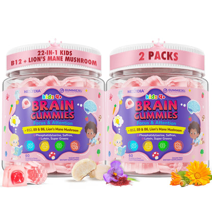 Kids Brain Gummies, Focus Supplement w/Lions Mane Mushroom, Phosphatidylserine, B6, Methyl B12 & B9, Saffron, Brain Vitamins for Focus & Attention, Cognitive, Vision, Energy, Sugar Free, Vegan, 60 Ct