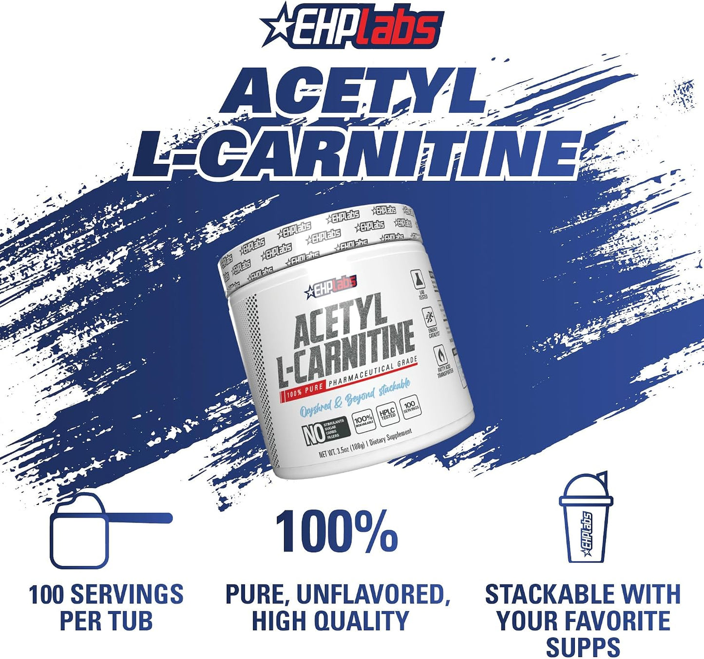 EHP Labs Acetyl L Carnitine Powder - Supports Natural Energy Production, Assists in Healthy Brain Function, Supports Heart Health, Vegan, Gluten Free, Non GMO - 100 Servings