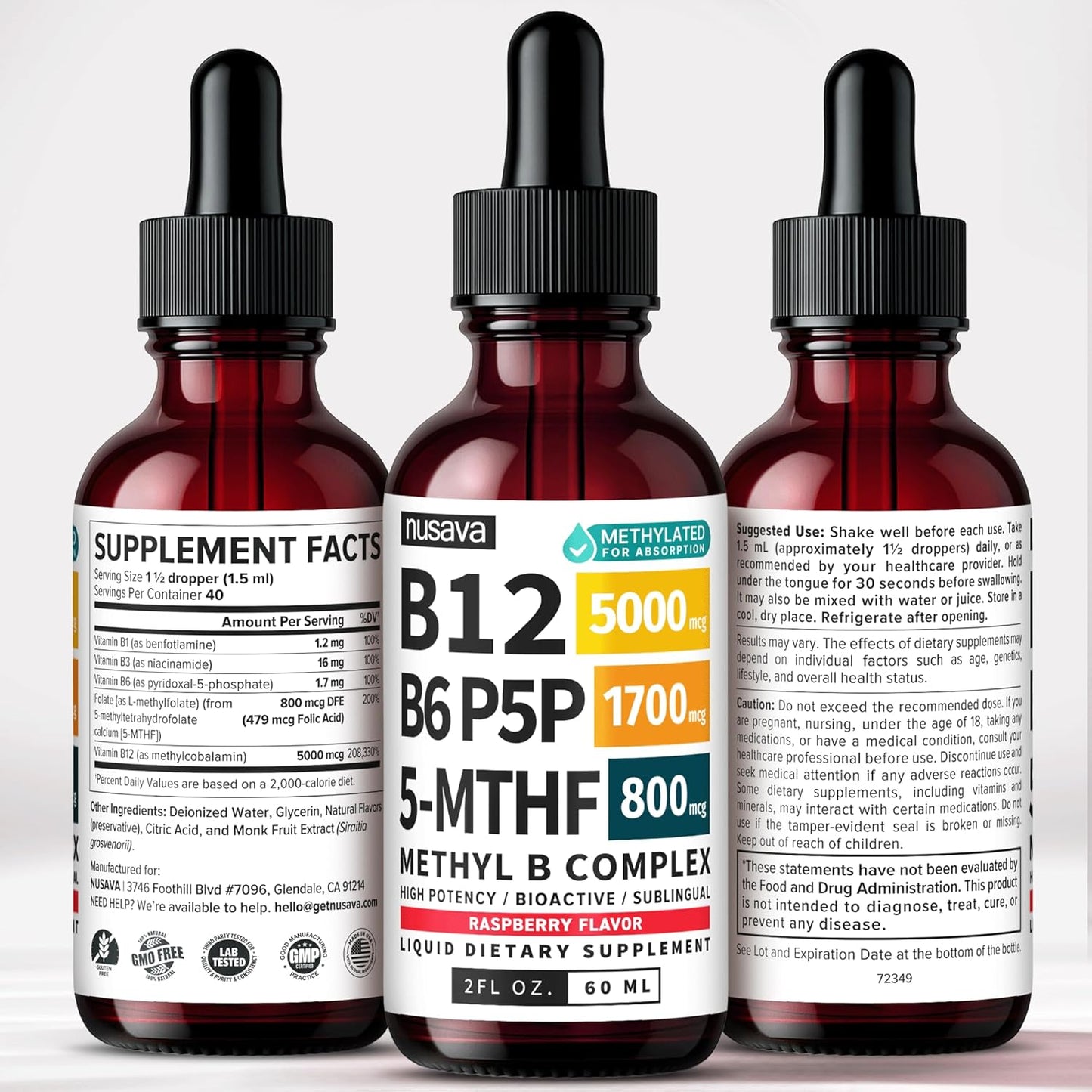 (2-Pack) Methylated B Complex Liquid Drops - Vitamin B Complex with Active L Methylfolate - B12 Sublingual Drops - Vegan B12 Vitamin 5000mcg, Non-GMO, Raspberry Flavor, No Sugar, 2 Fl oz, 80 Servings