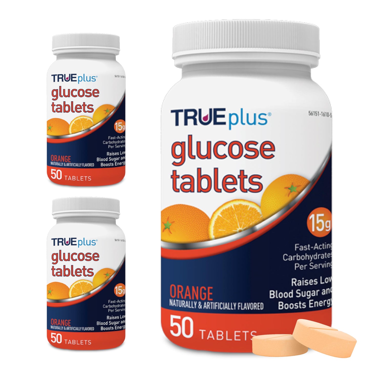 TRUEplus Glucose Tablets, Grape, Raspberry, Orange Flavors, 50 Count | Chewable Tablets, 15g Fast-Acting Carbohydrates, Fat Free, Gluten Free, Boosts Energy, Great Tasting and Easy to Use