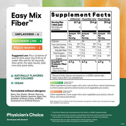 Physician's CHOICE Easy Mix Fiber for GLP-1 Support - No Grit & Sugar Free - Daily Prebiotic Soluble Fiber Powder Supplement - Digestive Health & Regularity - for Women and Men - Unflavored - 7.1oz