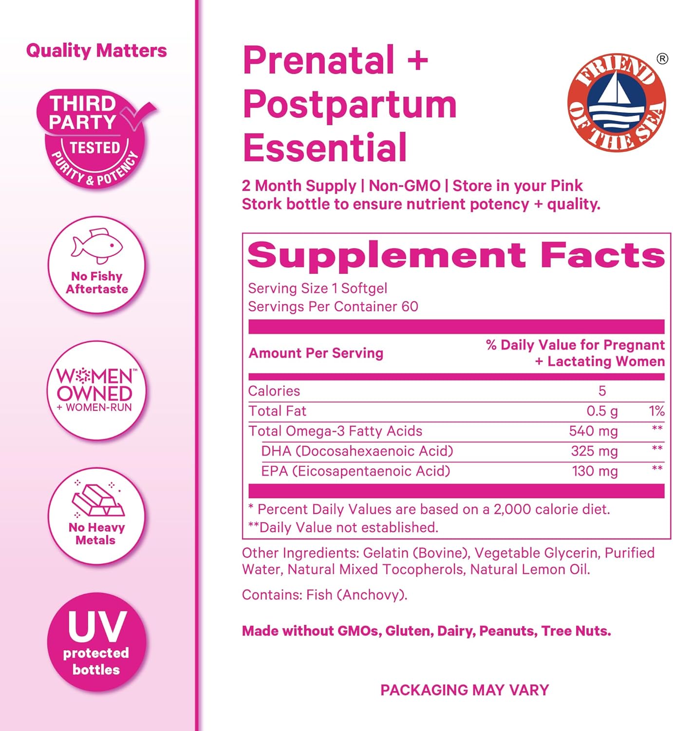 Pink Stork Omega-3 DHA - 540 mg Fish Oil Supplements with DHA and EPA, Prenatal and Postpartum Essentials for Cognitive Health + Fetal Development - 60 Softgels - Packaging May Vary