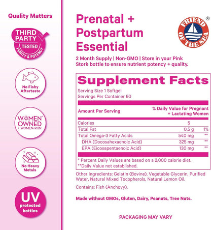 Pink Stork Omega-3 DHA - 540 mg Fish Oil Supplements with DHA and EPA, Prenatal and Postpartum Essentials for Cognitive Health + Fetal Development - 60 Softgels - Packaging May Vary