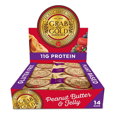 Grab The Gold Protein Snack Bar Bundle | Plant-Based Protein, Gluten-Free, Vegan, Dairy-Free, Kosher | 28 Count Variety Pack 14 Chocolate Peanut Butter & 14 Peanut Butter & Jelly, Made in USA