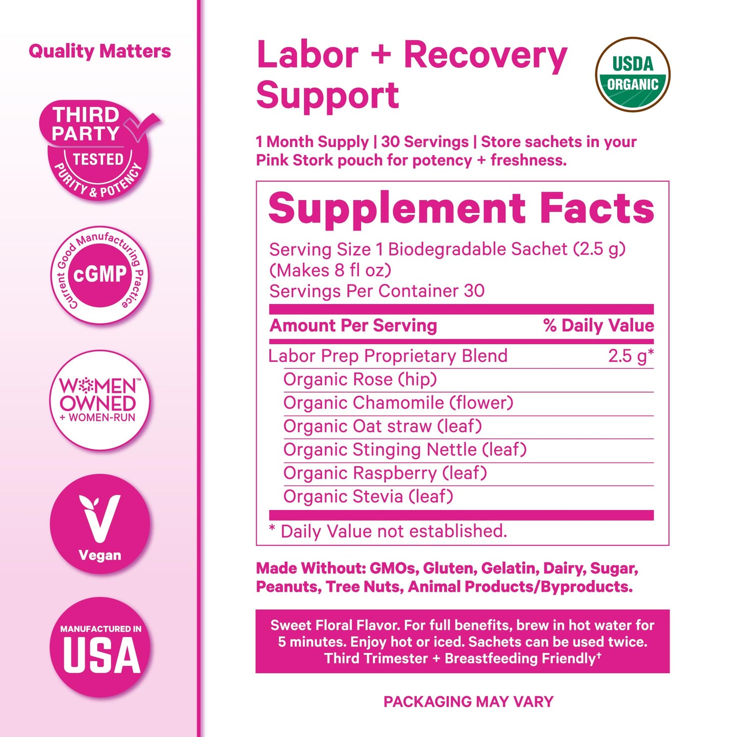 Pink Stork Organic Labor Prep Tea, Sweet Floral Flavor, 30 Cups | Red Raspberry Leadf, Chamomile + Rosehip, Caffeine-Free, Third Trimester Pregnancy, 15 Sachets