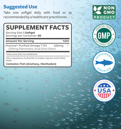 Omega 7 Supplement for Women and Men - High Potency & Purity Palmitoleic Acid Fatty Acid Fish Oil Supplement from Patented Provinal with Lowest Palmitic Acid - Sustainably Sourced (1 Month Supply)