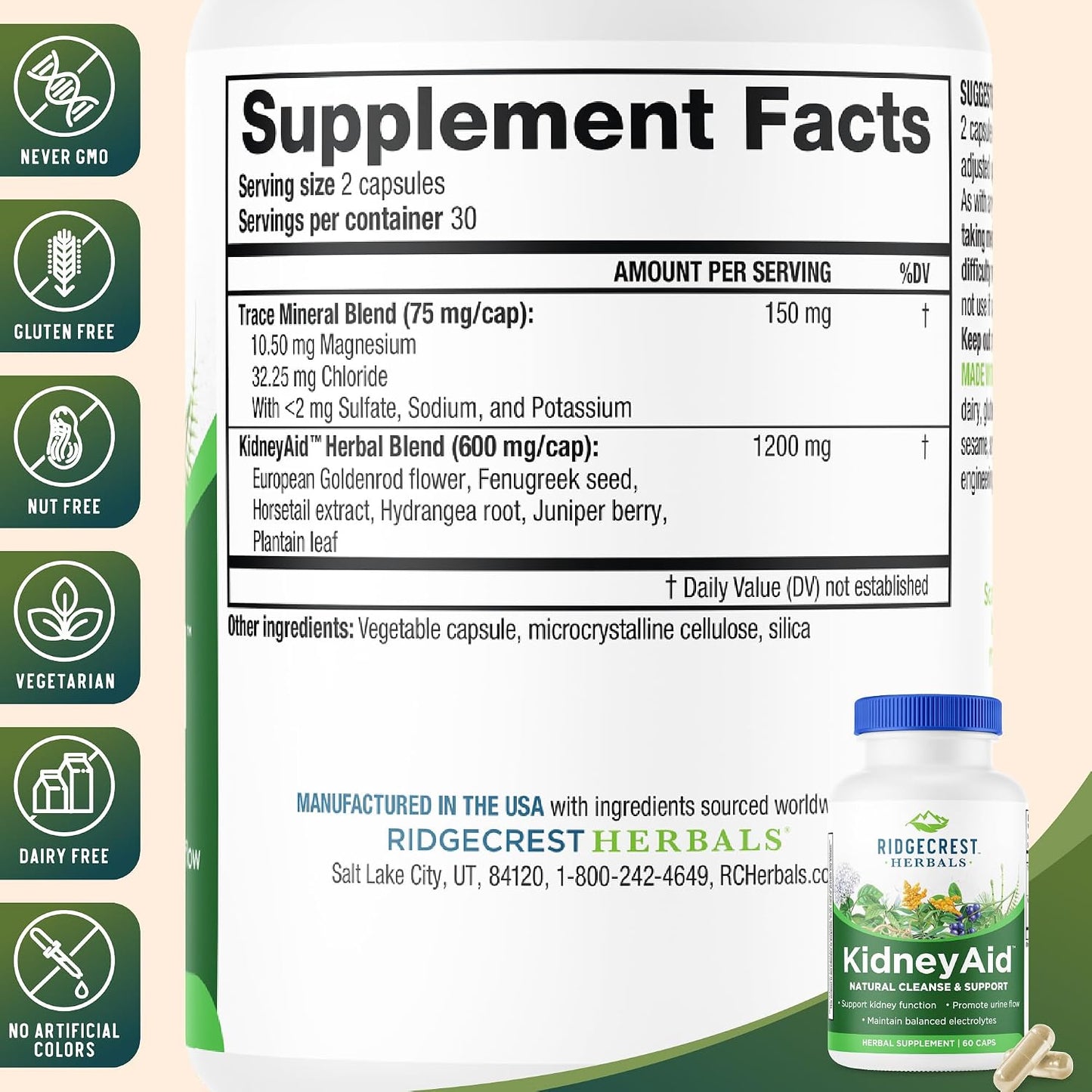 RidgeCrest Herbals KidneyAid Kidney and Urinary Tract Support 60 Ct | 30 Servings, Hydrangea, Horsetail, Trace Minerals, Natural Herbal Blend, Vegan Capsules, Daily Health Formula
