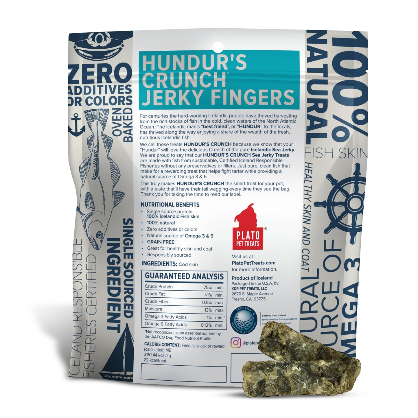 Plato Single Ingredient Wild-Caught Cod Skin Bites Dog Treats, Air-Dried Omega-Rich Skin & Coat Support, 10 oz