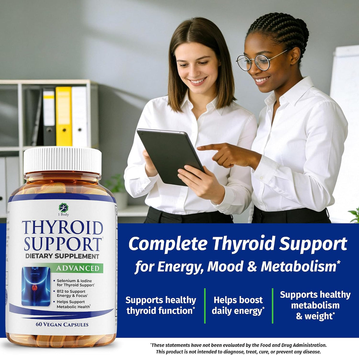 1 Body Thyroid Support for Women & Men, Iodine & Selenium Supplement