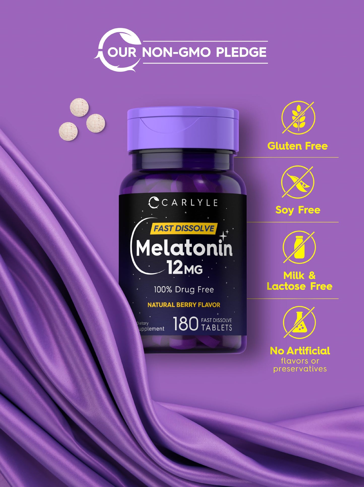Carlyle Melatonin 12 mg Fast Dissolve 300 Tablets | Drug Free | Natural Berry Flavor | Vegetarian, Non-GMO, Gluten Free