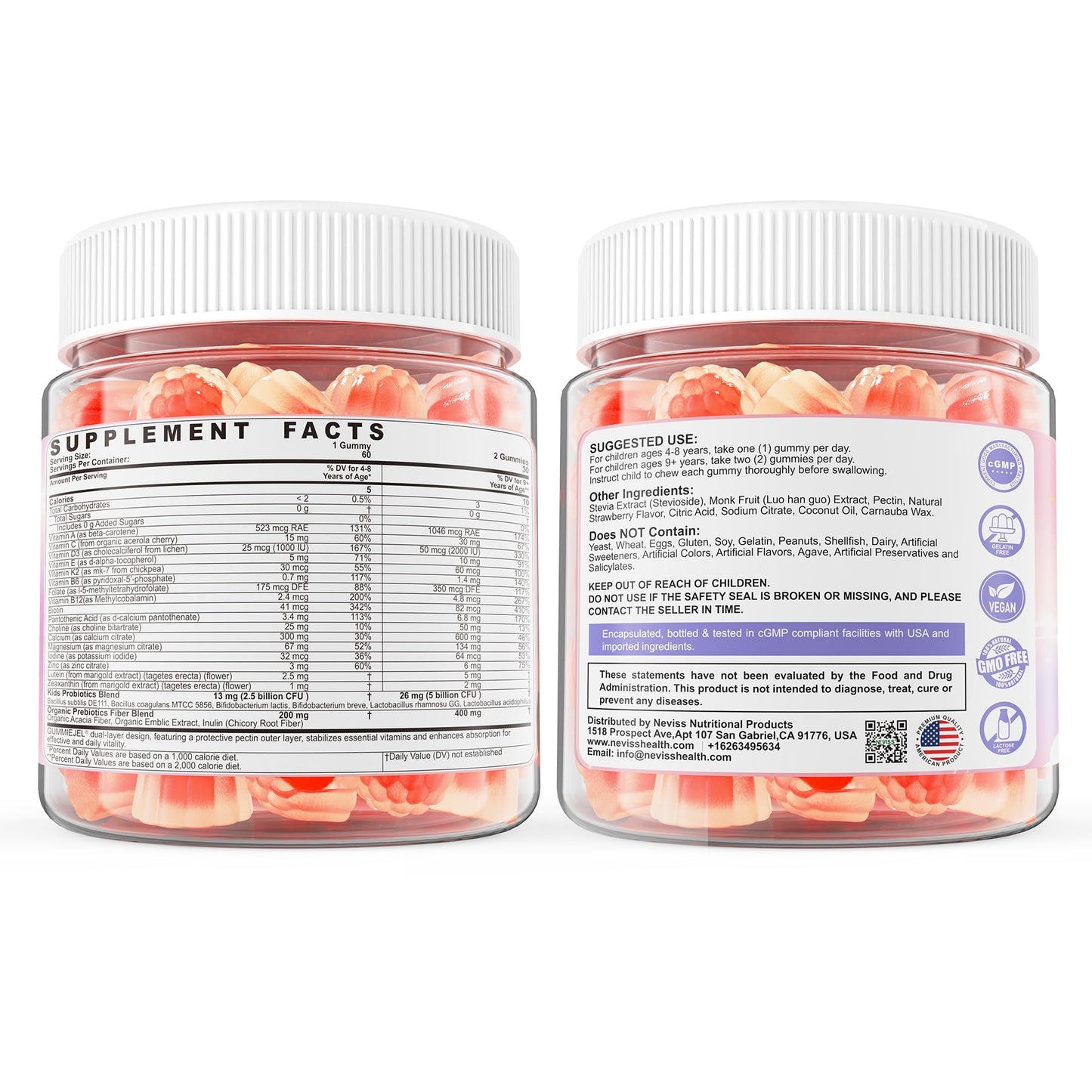 Kids Multivitamin Gummies + Calcium, Probiotics, Vitamin D3, C, Methylated B12 & Methylfolate, B6, A, K2, E, Zinc, Prebiotics for Children Ages 4+, Clean & Sugar Free, for Nutritional Support, 60 Cts