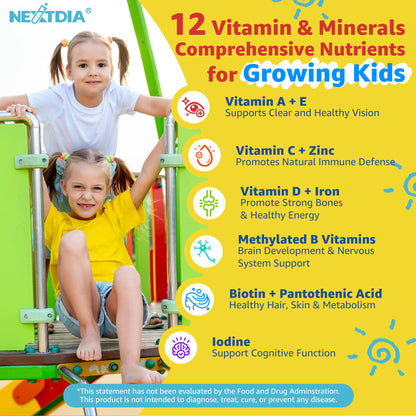 Kids Multivitamin Gummies with Iron, Sugar Free, Kids Daily Vitamins + Probiotics, Algae Omega 3 (EPA/DHA), A, C, D, Methyl B12, Folate, B6, Zinc, Biotin, for Healthy Growth, Immune Support, 60 Count