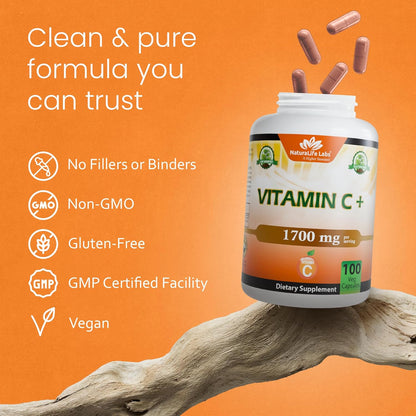 NaturaLife Labs Vitamin C with Vitamin D3, Zinc, Elderberry & Ginger Root – 1,700 mg per Serving – 100 Capsules, Vegan, Non-GMO, Gluten Free