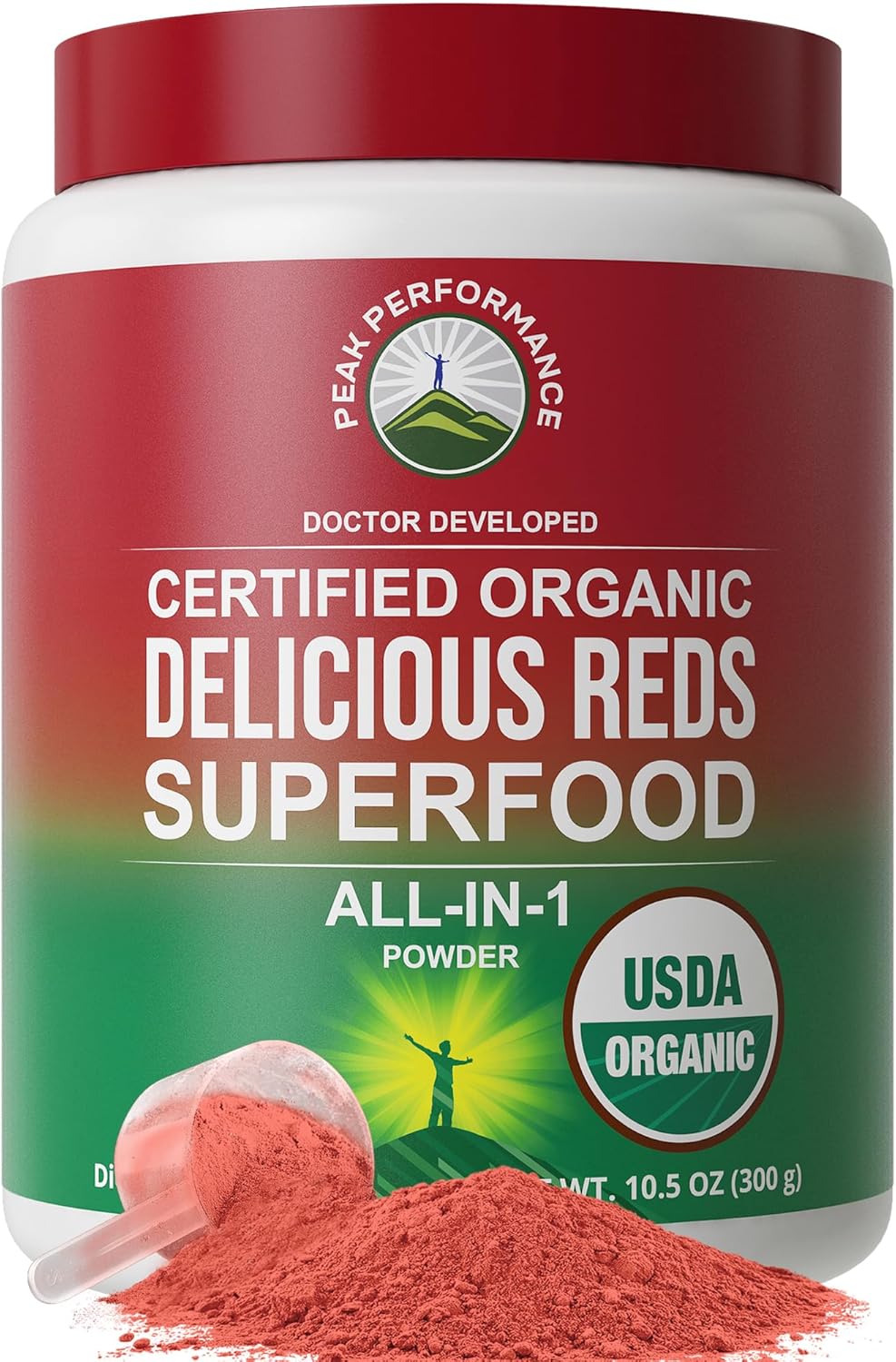 Peak Performance Organic Reds Superfood Powder, Best Tasting Red Juice Super Food w/ 25+ All Natural Ingredients & Polyphenols, Vital for Max Energy and Detox - Raspberry, Elderberry, Beetroot