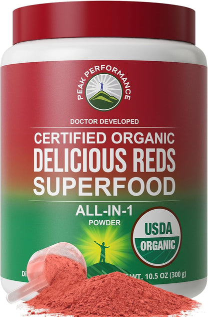Peak Performance Organic Reds Superfood Powder, Best Tasting Red Juice Super Food w/ 25+ All Natural Ingredients & Polyphenols, Vital for Max Energy and Detox - Raspberry, Elderberry, Beetroot