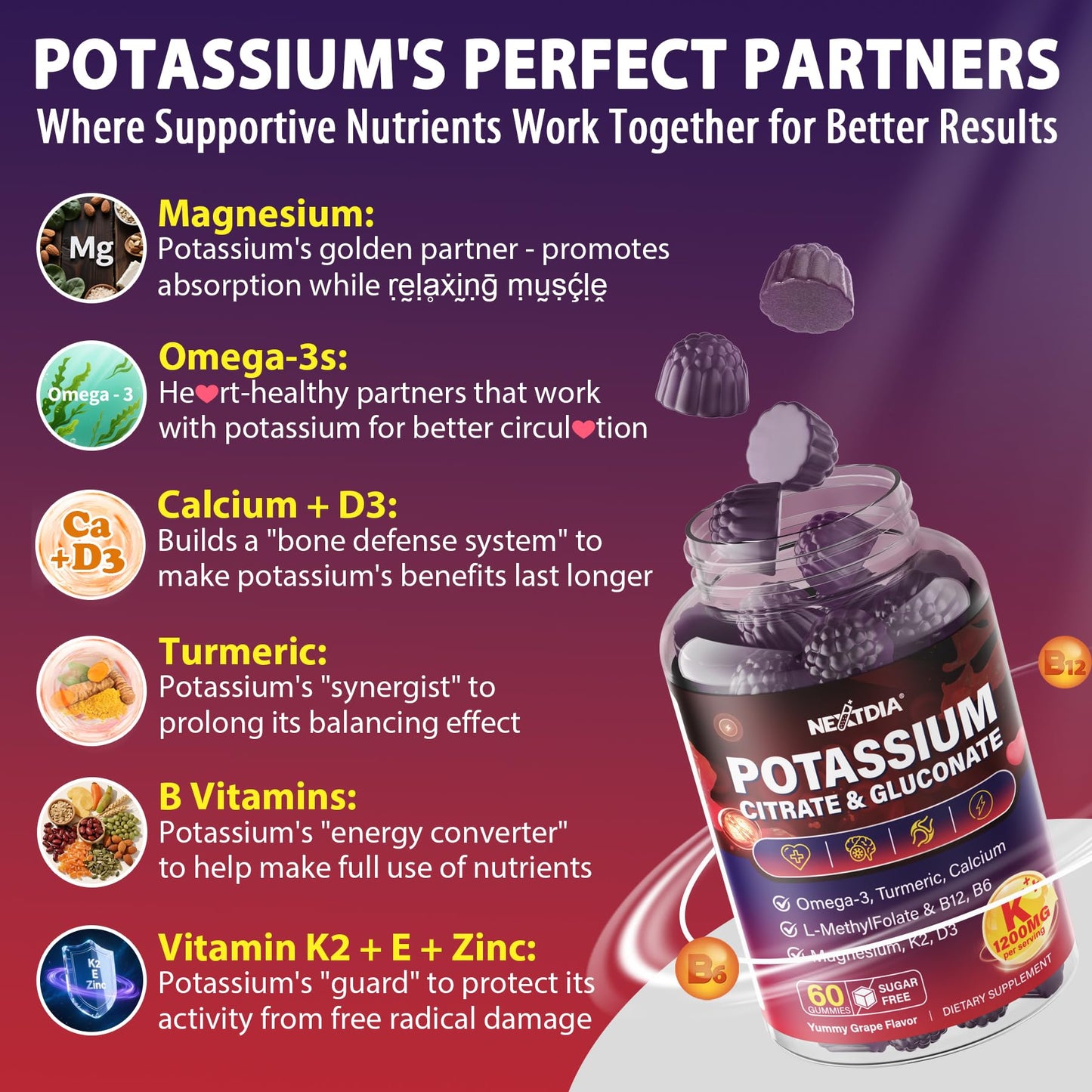 Potassium Citrate and Potassium Gluconate Supplement, 1200mg Two Forms of Potassium Gummies, w/Magnesium, Omega-3, Calcium, Vitamin D3 K2 B12 E B6, Folate for Mṵṣḉḷḙ, Nerves, Health Bones, 120Cts